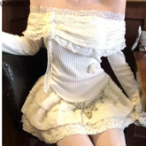 LIZAKOSHT  -  Korean Fashion Lolita Style Skirt Sets Women Sweet Flower Lace Slash Neck Knitted Tops Y2k Mini Cake Skirts Vintage Elegant Suit